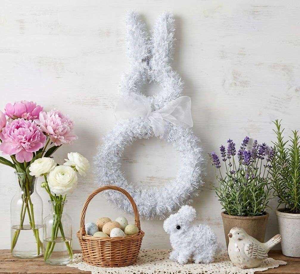 Bílá závěsná plastová dekorace králík - 11*5*14 cm
