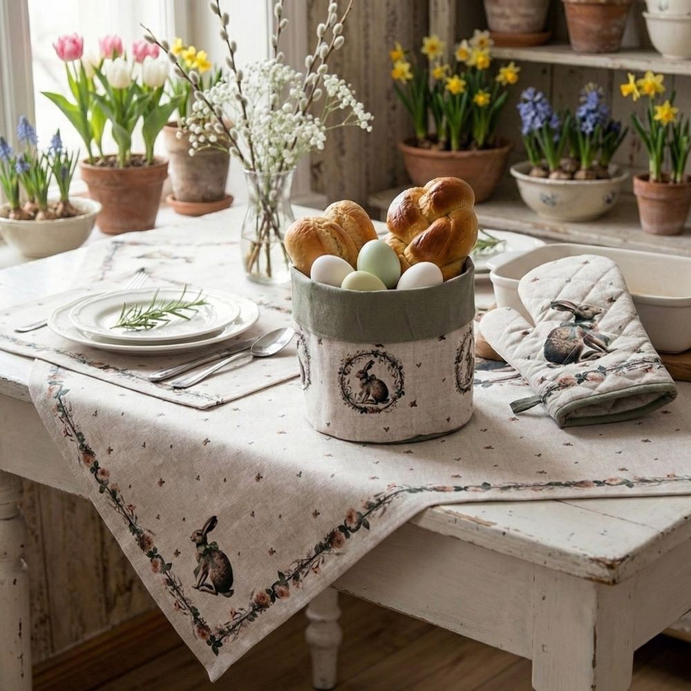 Bavlněný ubrus na stůl se zajícem Natural Linen Easter - 100*100 cm