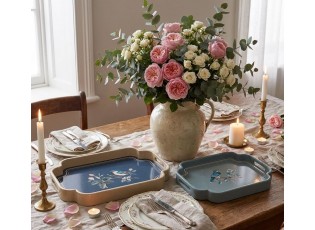 Set 2ks modrý dřevěný podnos s ptáčky - 46*30*5 / 35*24*5 cm