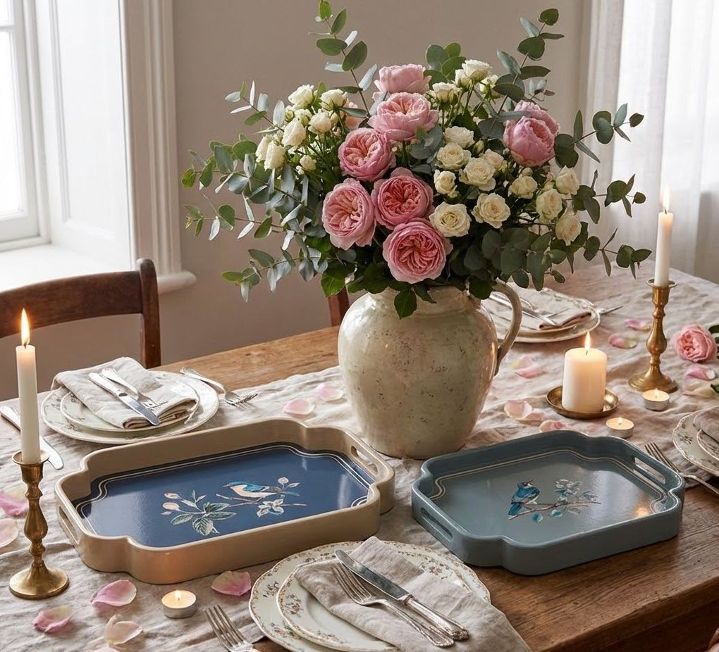 Set 2ks modrý dřevěný podnos s ptáčky - 46*30*5 / 35*24*5 cm Clayre & Eef Set 2ks modrý dřevěný podnos s ptáčky - 46*30*5 / 35*24*5 cm Clayre & Eef