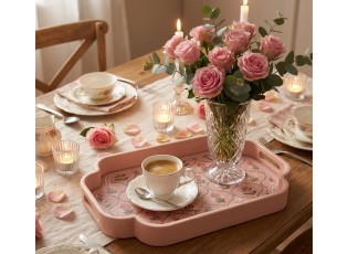 Set 2ks růžový a hnědý dřevěný podnos s květy - 46*30*5 / 35*24*5 cm