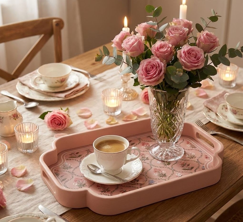 Set 2ks růžový a hnědý dřevěný podnos s květy - 46*30*5 / 35*24*5 cm Clayre & Eef Set 2ks růžový a hnědý dřevěný podnos s květy - 46*30*5 / 35*24*5 cm Clayre & Eef