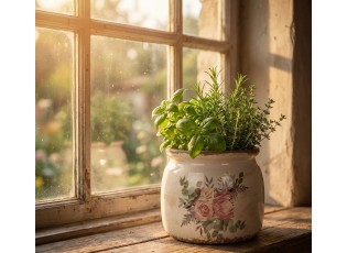 Béžový keramický květináč s květy Protea Eucalypt M - Ø 16*13 cm