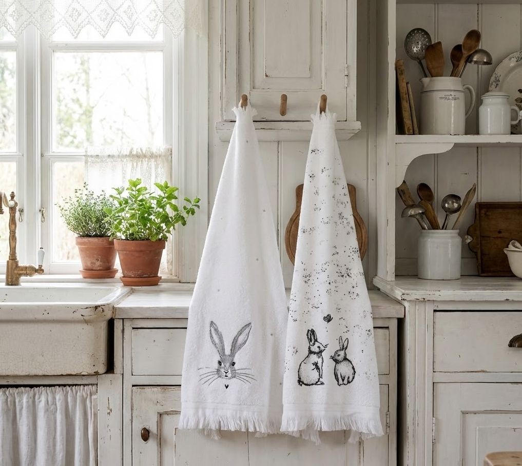 Bílý froté ručník s králíčky a motýlkem Bunny Buddies - 40*66 cm