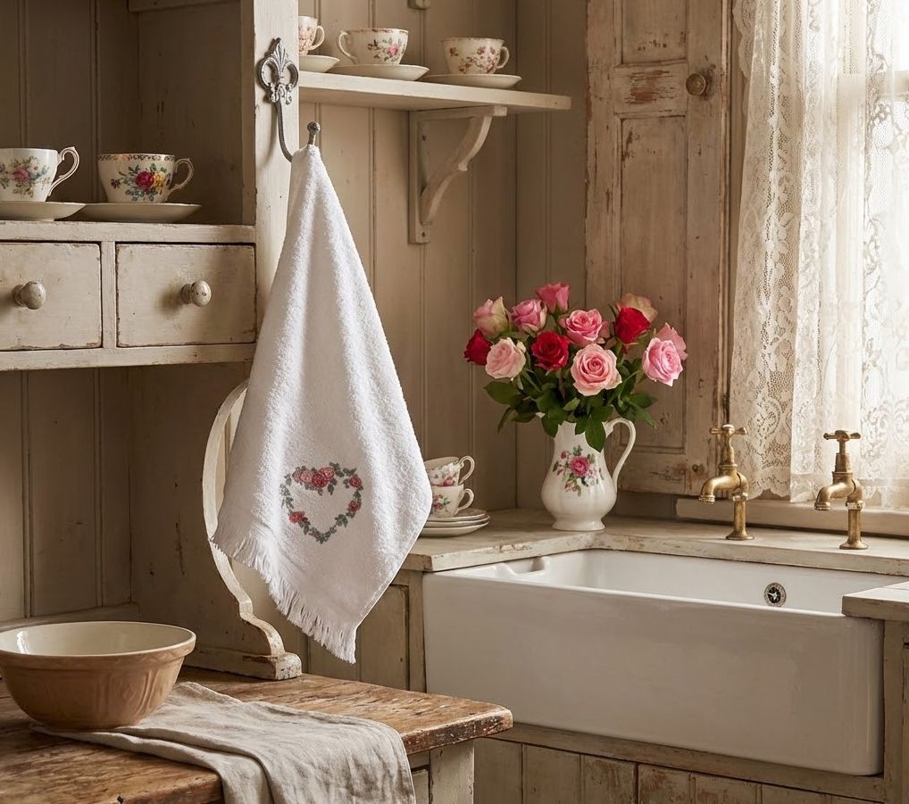 Bílý froté ručník se srdcem z růží Rose Heart - 40*66 cm Clayre & Eef Bílý froté ručník se srdcem z růží Rose Heart - 40*66 cm Clayre & Eef