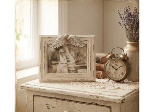Béžový antik dřevěný fotorámeček s andělskými křídly - 24*3*19 cm / 18*13cm