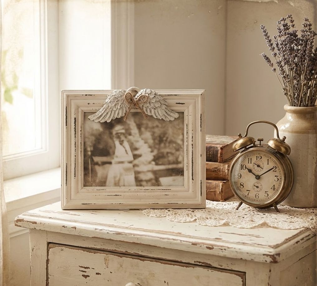 Béžový antik dřevěný fotorámeček s andělskými křídly - 24*3*19 cm / 18*13cm
