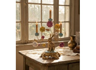 Zlatá dekorace svícen králík na podstavci s květy - 30*16*37 cm