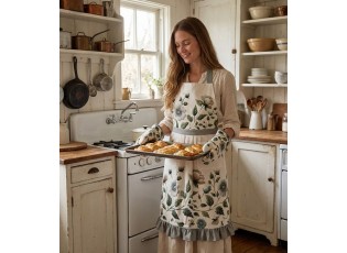 Béžová bavlněná zástěra s květy Gently Blooming - 70*85 cm