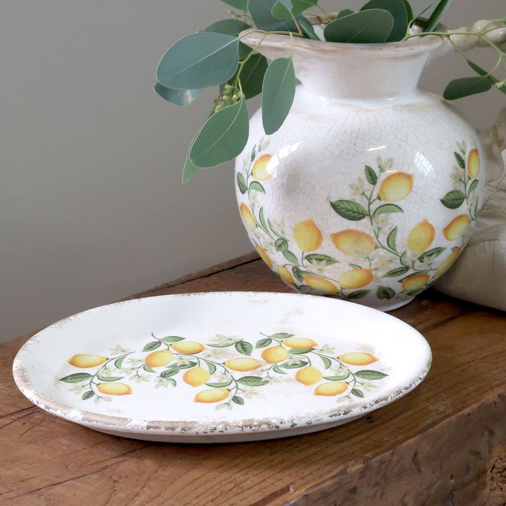 Béžový antik keramický podnos s citróny Limone Blossom - 25*18*2 cm