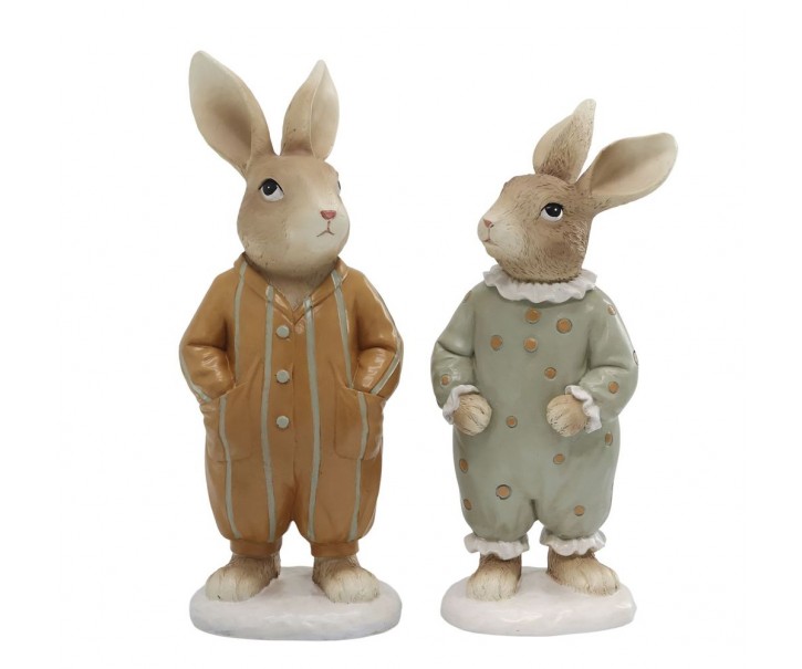 Set 2ks béžová antik dekorace králíčci v pyžámku - 10*8*20 cm Chic Antique