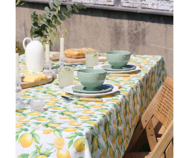 Bílý bavlněný ubrus s citróny Aix Lemone - 140*240 cm Chic Antique