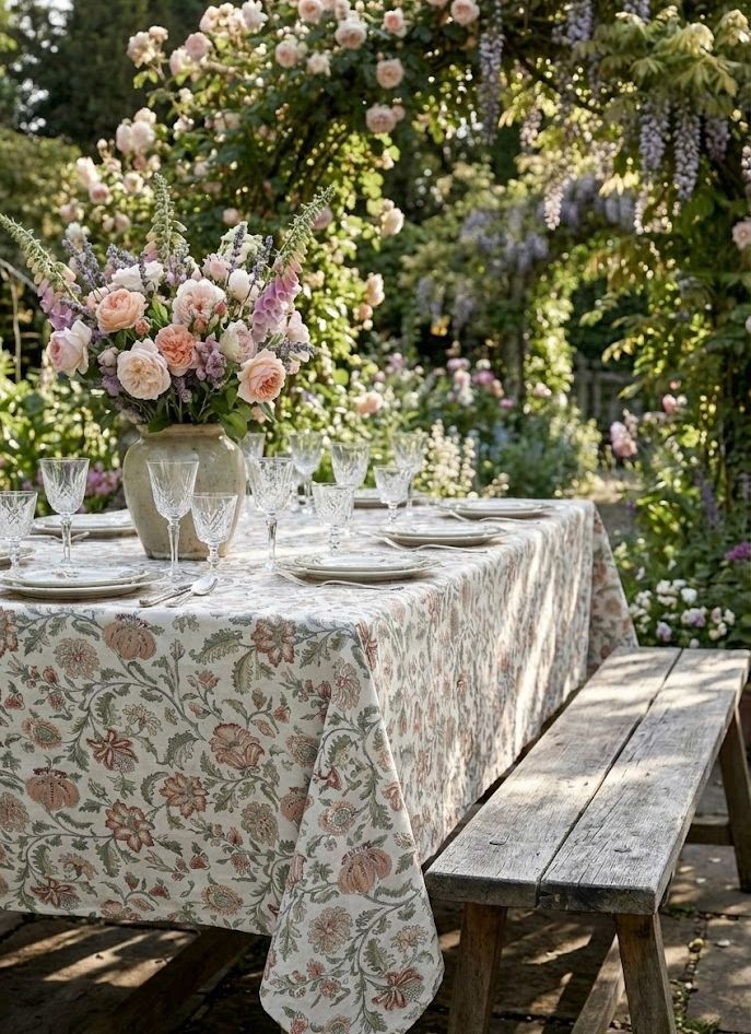 Krémový bavlněný ubrus s květy Aix Wild Flowers - 140*240 cm