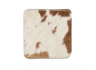 Hnědo bílý čtvercový podtácek z hovězí kůže - 9*9*0,3cm