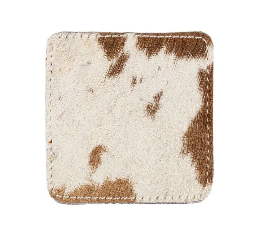 Hnědo bílý čtvercový podtácek z hovězí kůže - 9*9*0,3cm MHOZVKBW