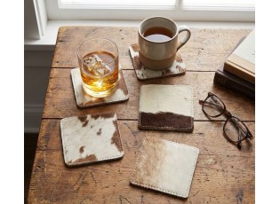 Hnědo bílý čtvercový podtácek z hovězí kůže - 9*9*0,3cm