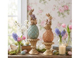 Hnědá antik dekorace králík na vajíčku na podstavci - Ø 8*27 cm