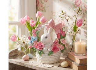 Dekorace bílý králíček v košíčku s květy - 15*9*16 cm