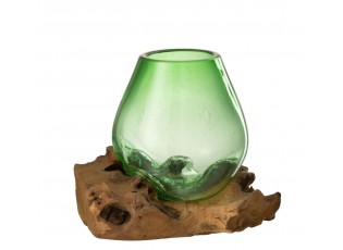 Zelená skleněná váza na dřevu Gamal L - 23*19*19 cm