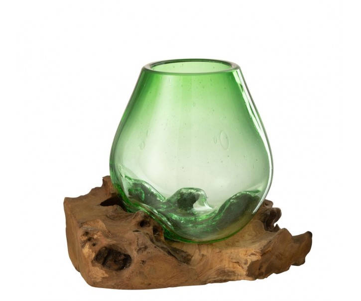 Zelená skleněná váza na dřevu Gamal L - 23*19*19 cm J-Line by Jolipa