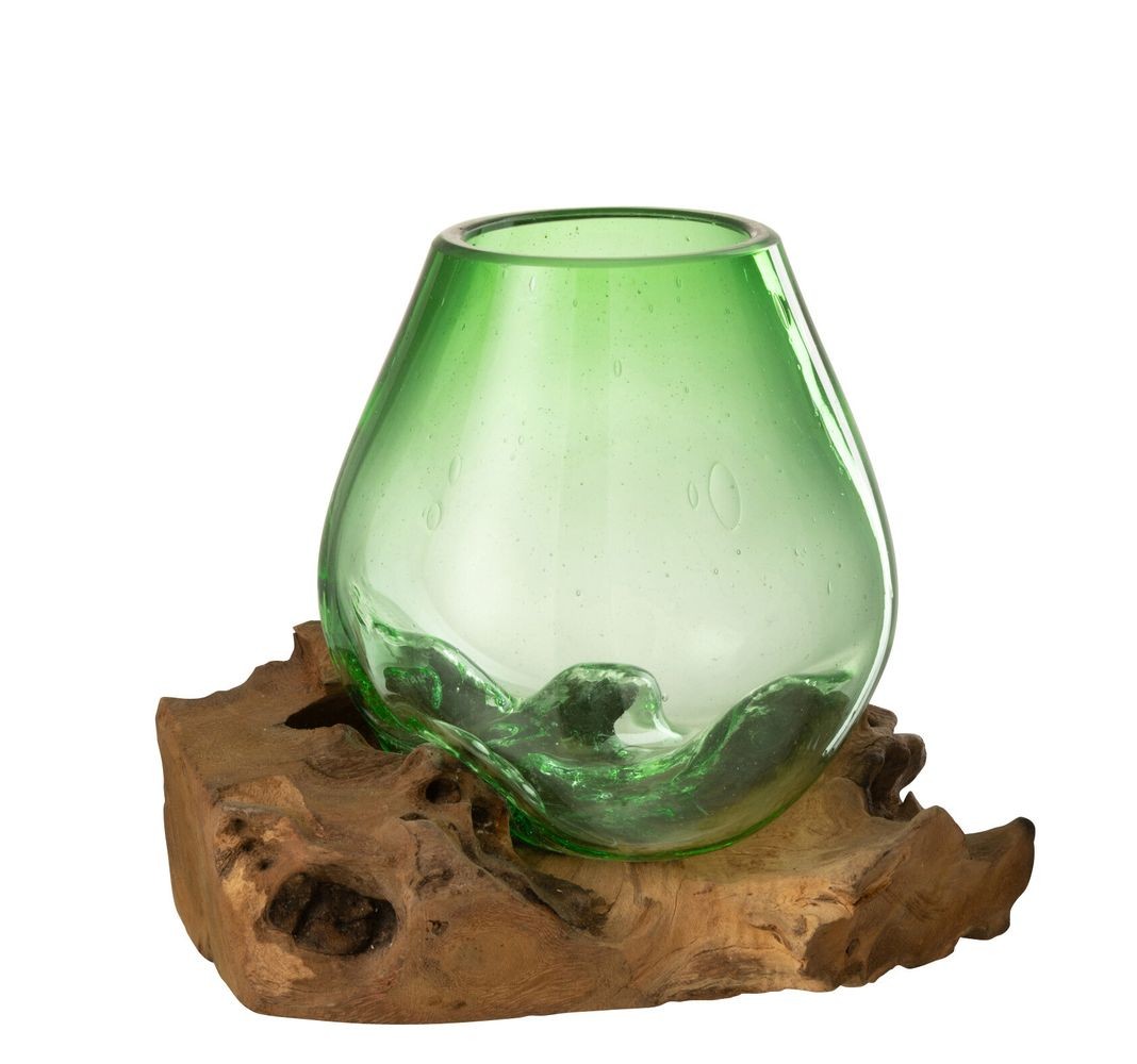 Zelená skleněná váza na dřevu Gamal L - 23*19*19 cm 42337