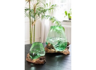 Zelená skleněná váza na dřevu Gamal L - 23*19*19 cm