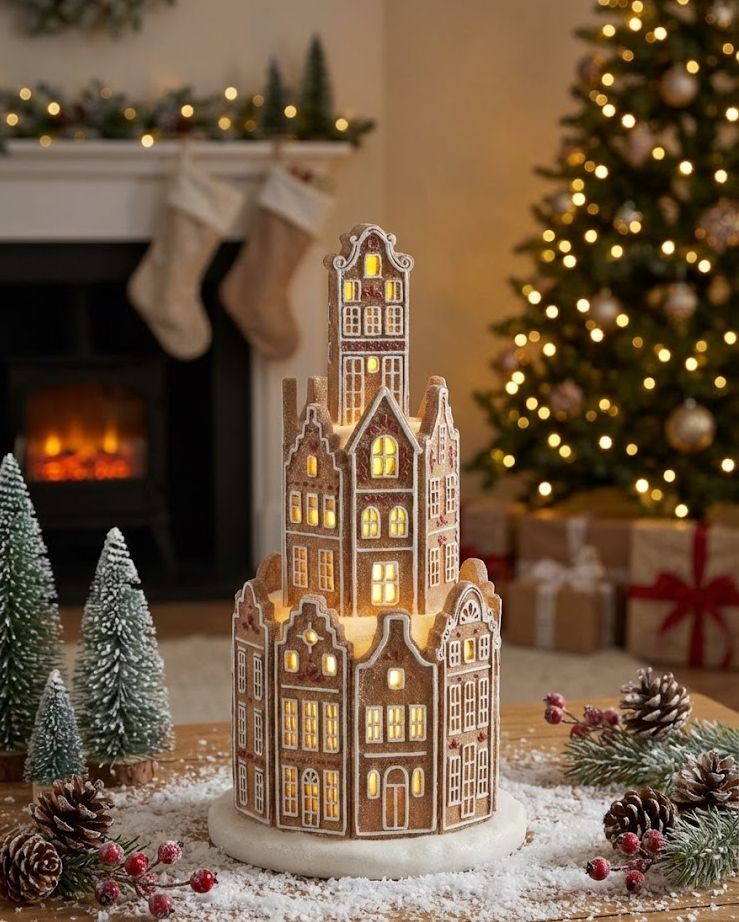 Hnědá svítící perníková věž z chaloupek GingerBread Led - Ø 20*37 cm