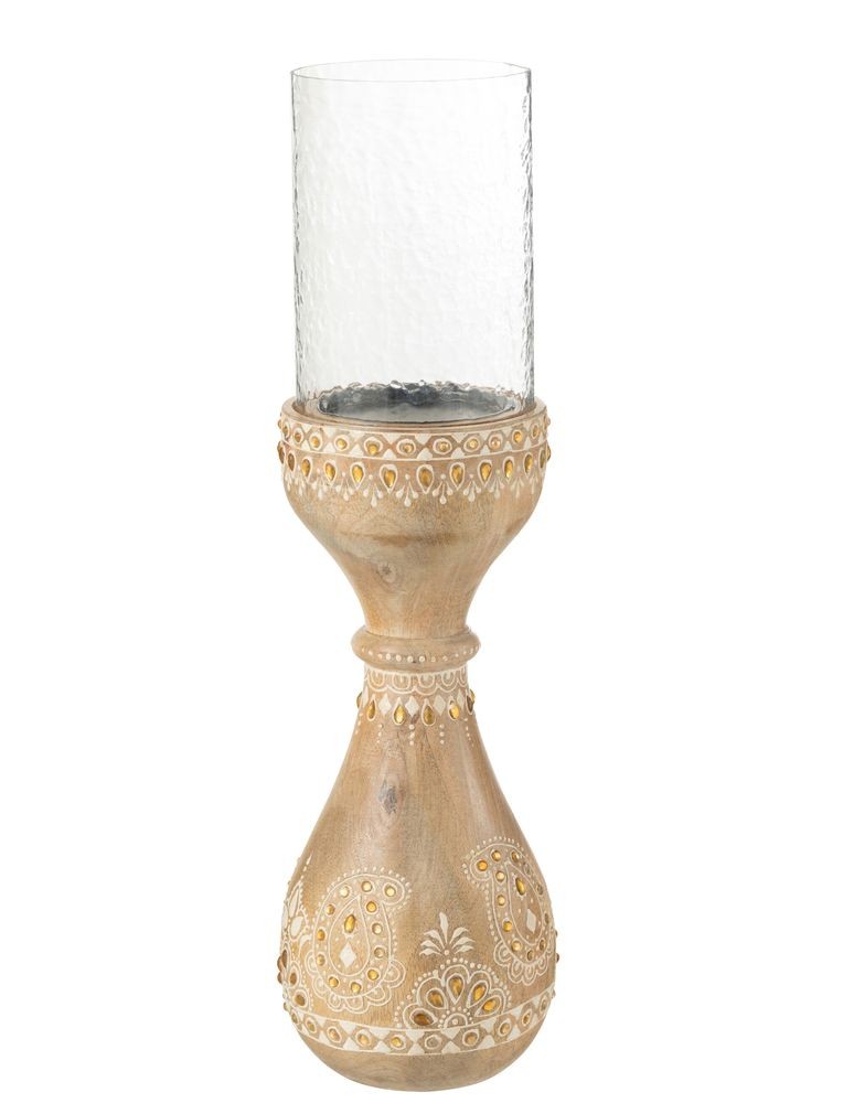 Malovaný dřevěný kulatý svícen s korálky Boho Mango wood - Ø 13*46 cm