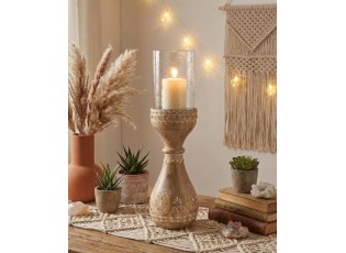 Malovaný dřevěný kulatý svícen s korálky Boho Mango wood - Ø 13*46 cm