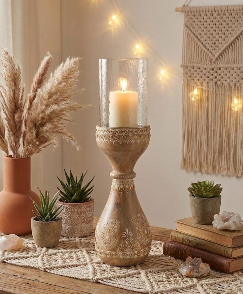 Malovaný dřevěný kulatý svícen s korálky Boho Mango wood - Ø 13*46 cm