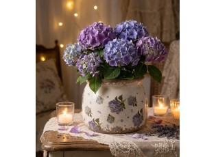 Béžový keramický obal na květináč s květy hortenzie Lilla M - Ø 16*13 cm