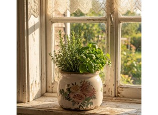 Béžový keramický květináč s květy Protea Eucalypt S - Ø 12*10 cm 