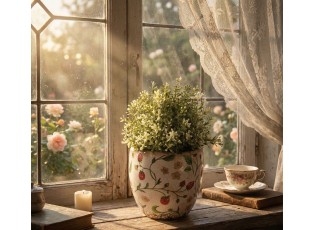 Béžový keramický obal na květináč s jahůdkami Wild Strawberries L - Ø 14*14 cm