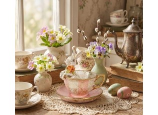 Dekorace králíček v šálku se zlatým třpytem - Ø 12*12 cm