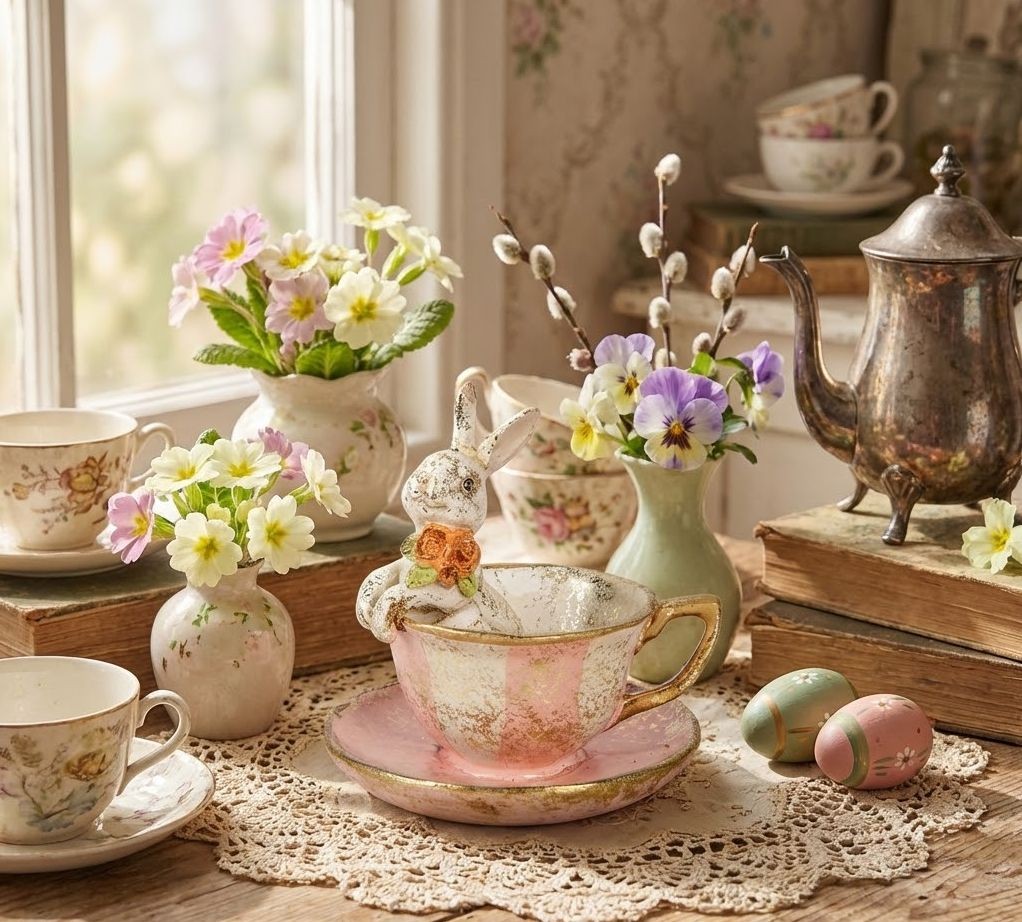 Dekorace králíček v šálku se zlatým třpytem - Ø 12*12 cm Clayre & Eef Dekorace králíček v šálku se zlatým třpytem - Ø 12*12 cm Clayre & Eef