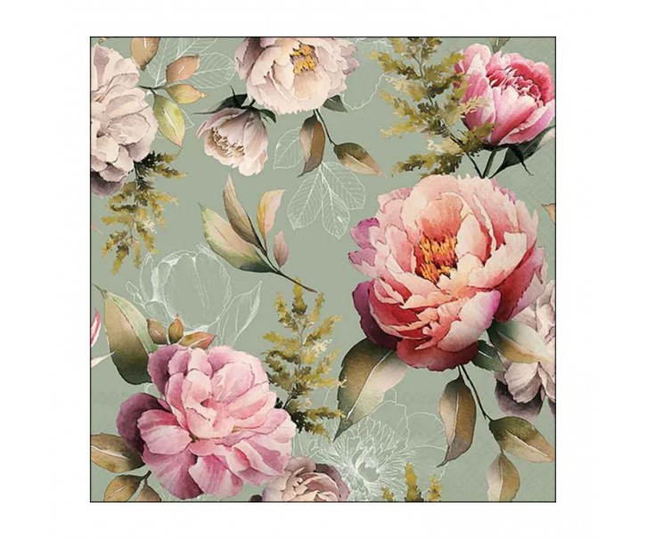 Zelené papírové ubrousky s pivoňkami Peonies - 33*33 cm (20ks) Ostatn&iacute;