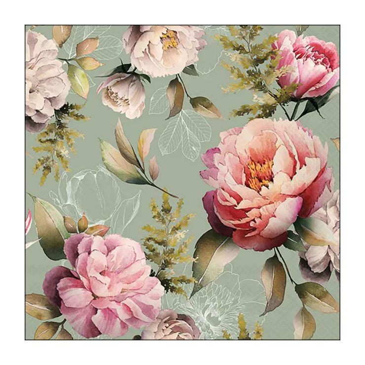 Levně Zelené papírové ubrousky s pivoňkami Peonies - 33*33 cm (20ks) 13318130