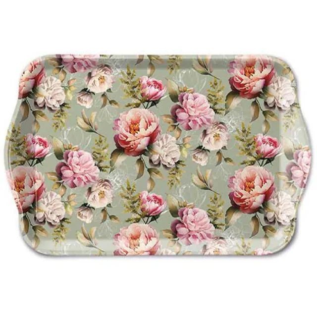 Zelený melaminový tácek s pivoňkami Peonies - 13*21 cm