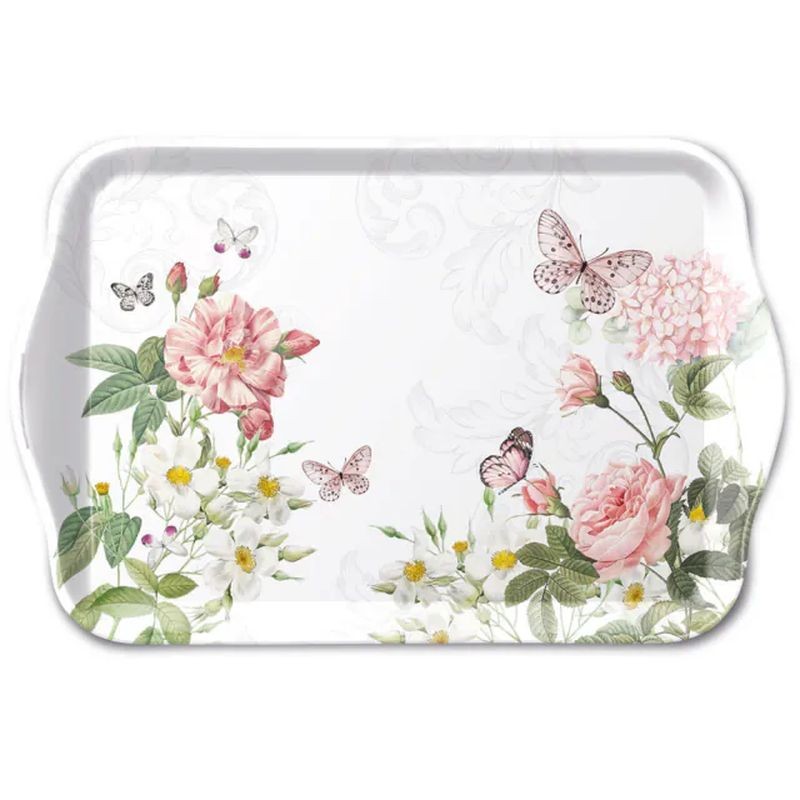 Levně Bílý melaminový tácek s květy a motýlky Amelia - 13*21 cm 13720375