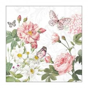 Bílé papírové ubrousky s květy a motýlky Amelia - 33*33 cm (20ks)