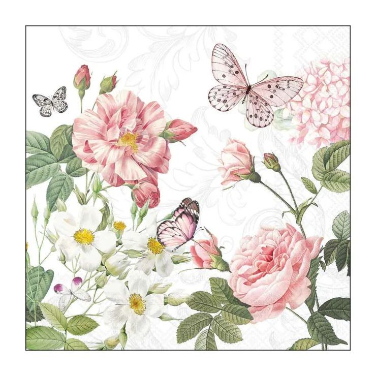 Bílé papírové ubrousky s květy a motýlky Amelia - 33*33 cm (20ks)