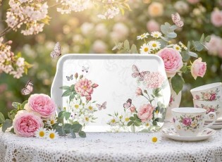 Bílý melaminový tácek s květy a motýlky Amelia - 13*21 cm