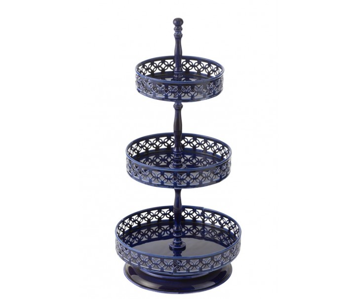 Modrý kovový dekorační třípatrový etažér Nag Blue - Ø 21*55 cm J-Line by Jolipa