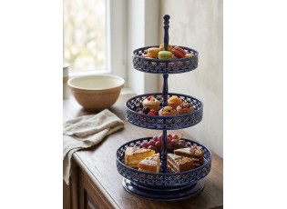 Modrý kovový dekorační třípatrový etažér Nag Blue - Ø 21*55 cm