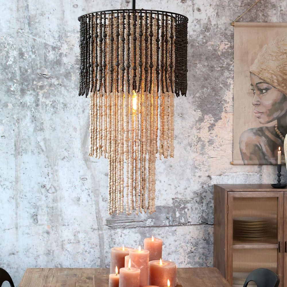 Přírodní stropní světlo s dřevěnými korálky Roellie - Ø 50*90cm/ E27/ 40W Chic Antique Přírodní stropní světlo s dřevěnými korálky Roellie - Ø 50*90cm/ E27/ 40W Chic Antique