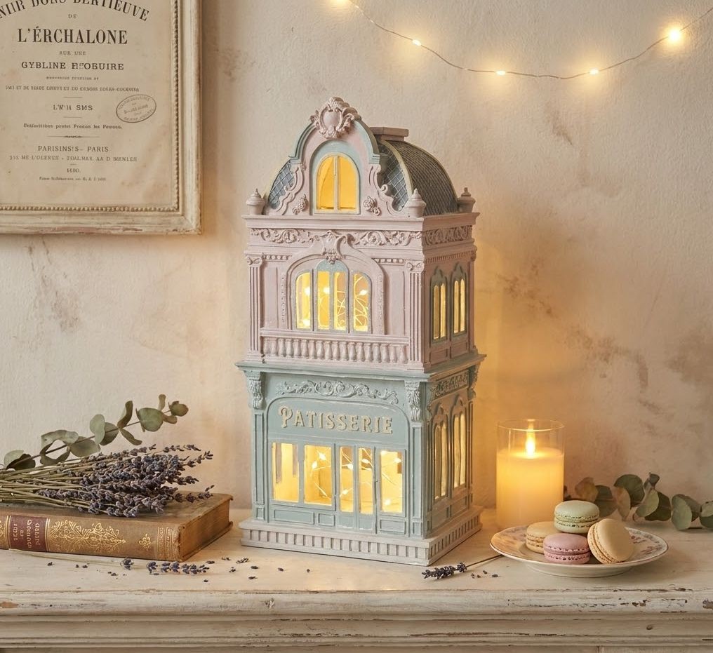 Růžovo-modrý dekorační domek cukrárna Pattiserie - 19*15*38 cm