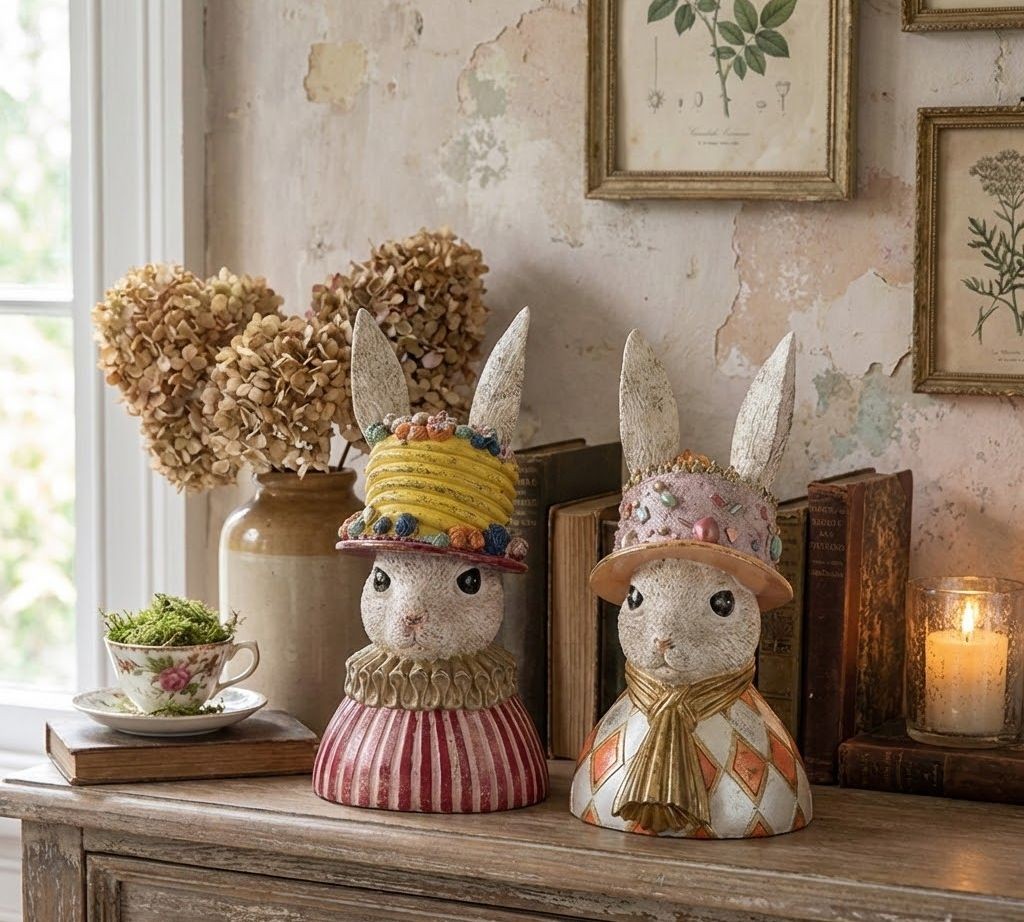 Dekorace busta králík ve zdobeném klobouku - 26*19*50 cm Clayre & Eef Dekorace busta králík ve zdobeném klobouku - 26*19*50 cm Clayre & Eef