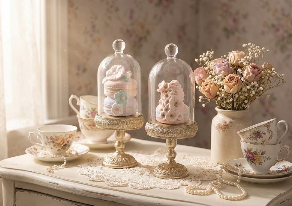 Dekorace podnos na podstavci s poklopem a makronkami - Ø 7*17 cm Clayre & Eef Dekorace podnos na podstavci s poklopem a makronkami - Ø 7*17 cm Clayre & Eef