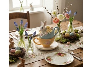 Velikonoční dekorace králíček s květy v šálcích - 13*14*15 cm