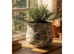 Retro květináč s modrými květy - Ø 15*13 cm